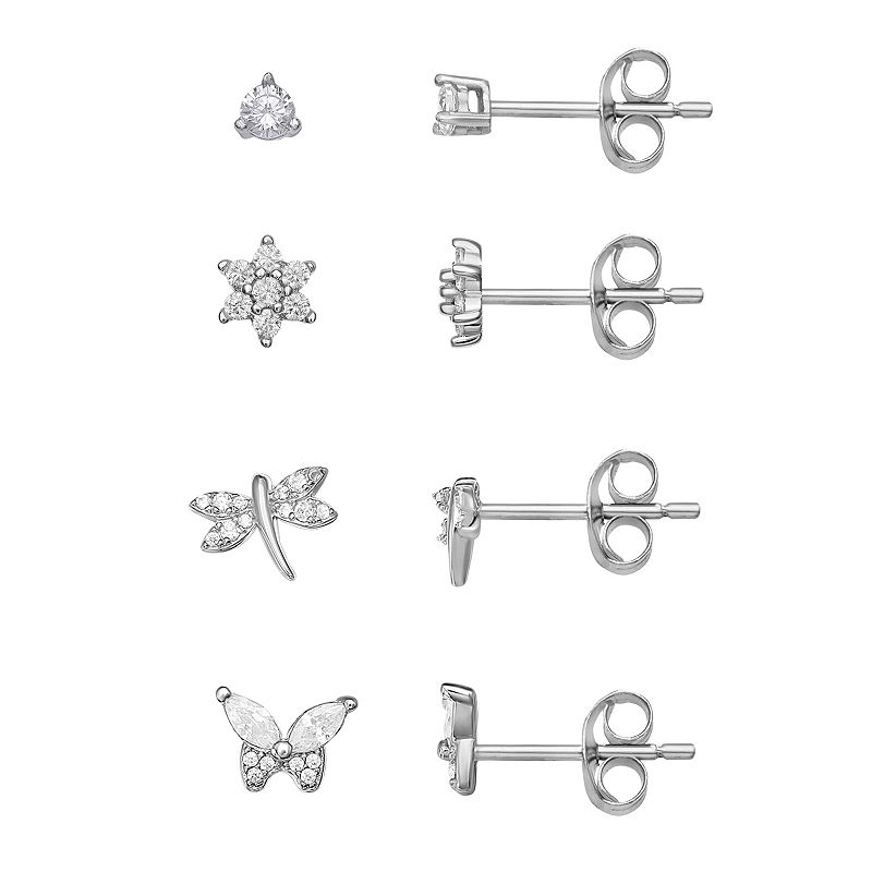 PRIMROSE Sterling Silver Cubic Zirconia 4-Pair Stud Earring Set